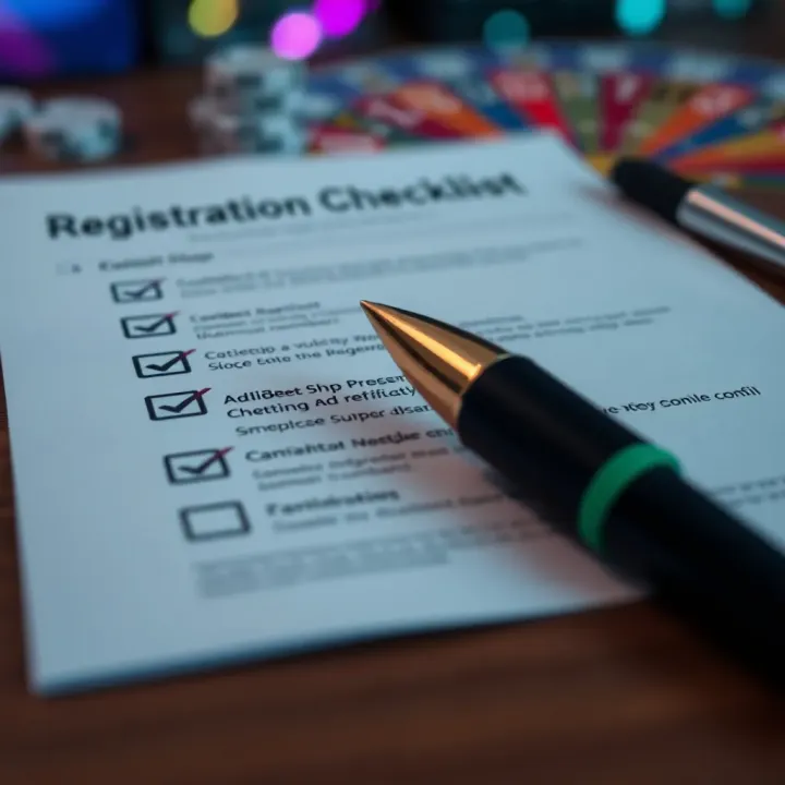 Graphic showing a checklist with documents and a pen symbolizing the registration and verification process for betting shops