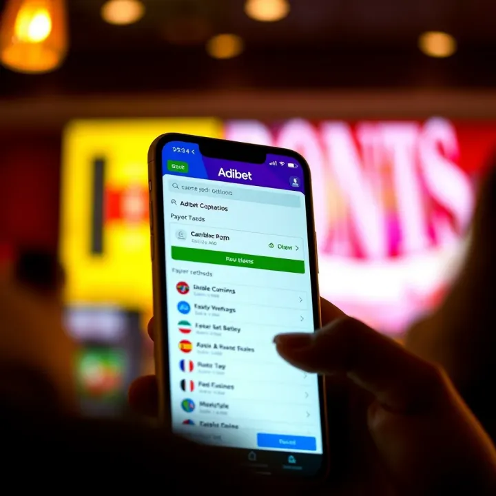 Smartphone displaying Adibet app with betting options and payment methods menu