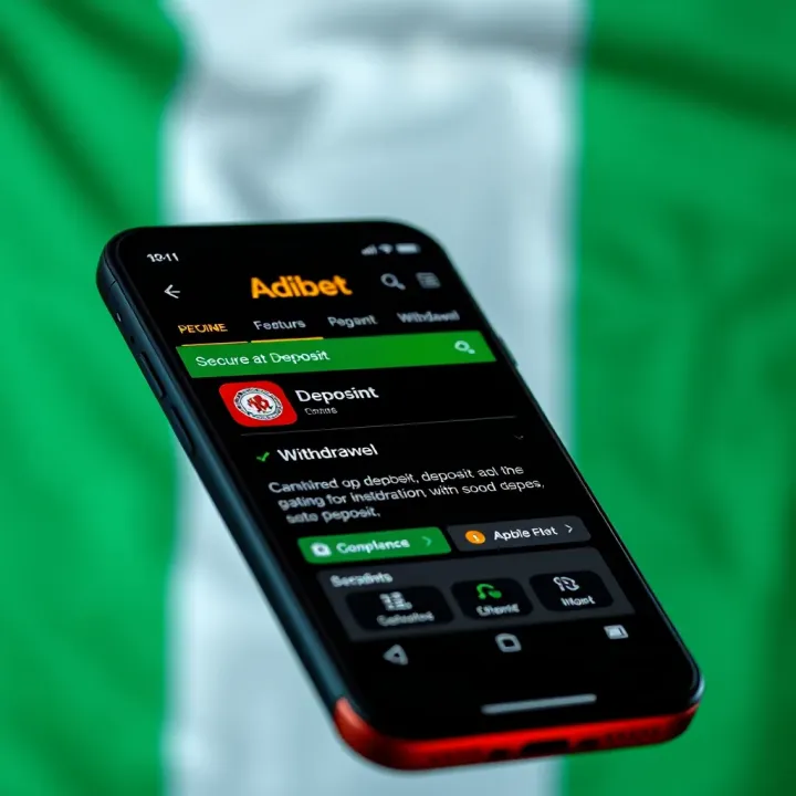 Mobile phone screen showing deposit and withdrawal options within the Adibet app against a Nigerian flag background