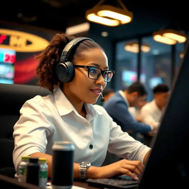 Customer support agent assisting a client via headset in a modern office environment