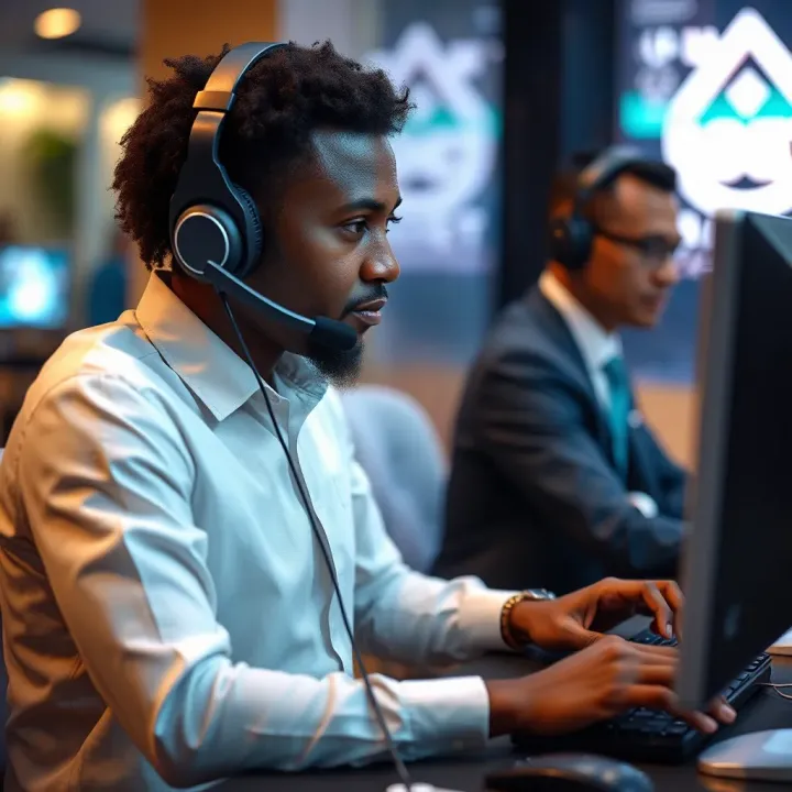 Customer service representative assisting a client with a headset and computer