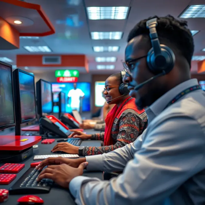 Customer service representatives at Adibet's support center assisting clients with sports betting inquiries