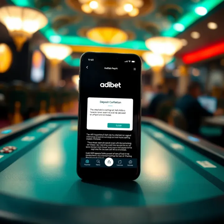 Mobile phone displaying Adibet app with deposit confirmation screen