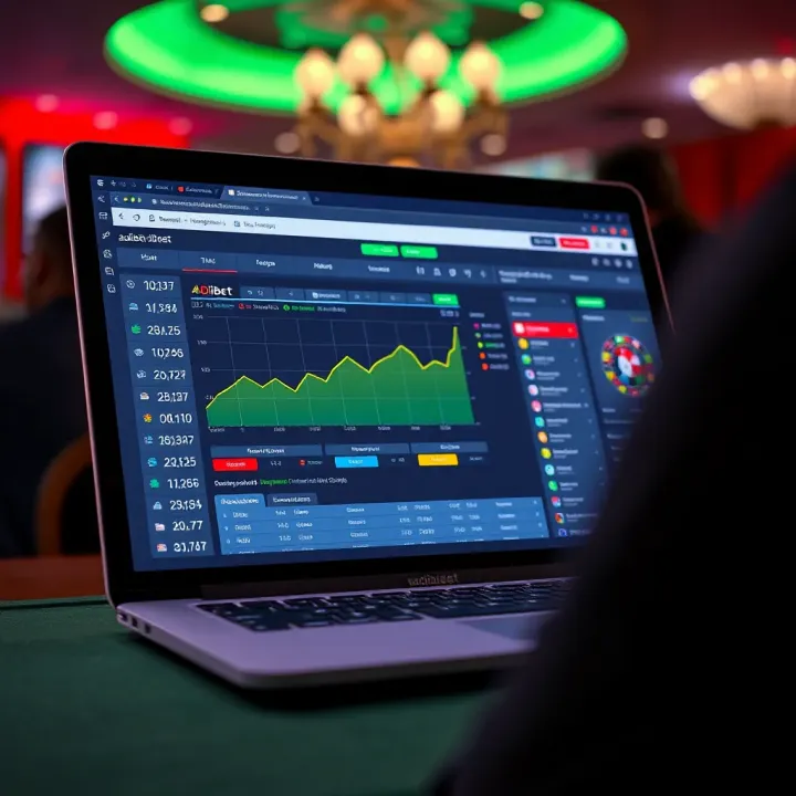 Digital interface showing Adibet jackpot prediction software with graphs and statistics on a laptop screen
