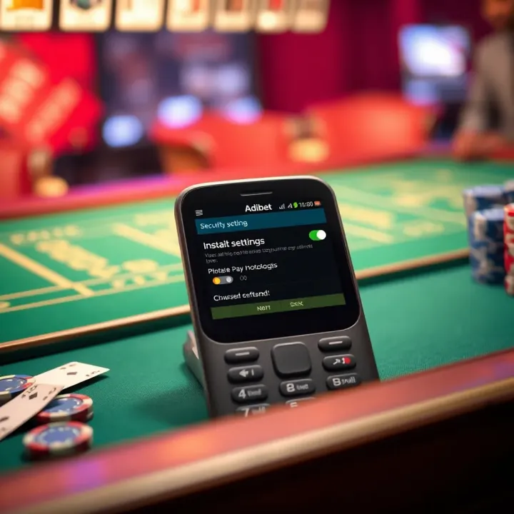 Illustration of installation and security settings for Adibet Lite on a basic mobile phone