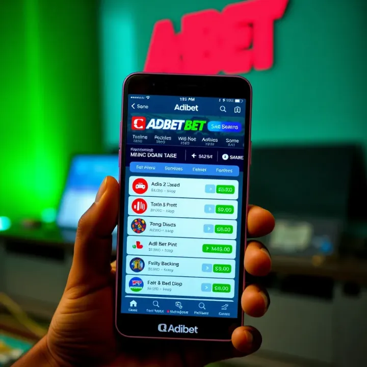 Mobile phone displaying Adibet app with betting odds and transaction options