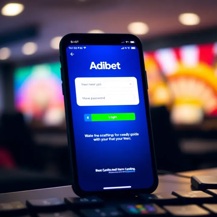 Mobile phone screen displaying Adibet mobile app login interface with username and password fields