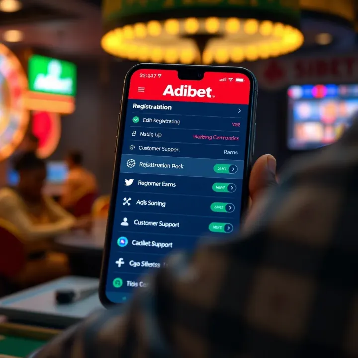 User navigating through Adibet mobile app showing options for registration and customer support features