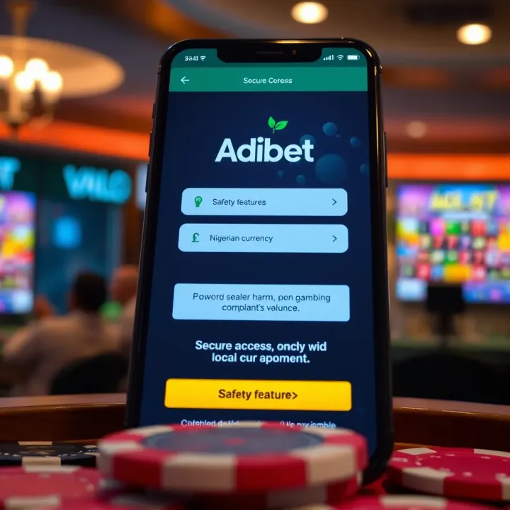 Secure login screen of Adibet Mobile displaying safety features and Nigerian currency options