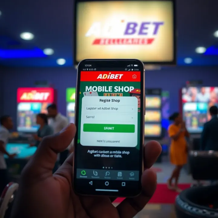 Mobile phone screen displaying Adibet Mobile Shop registration interface