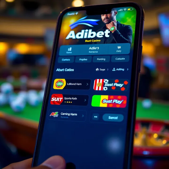 User interface showcasing the main screen of the Adibet NG app with sports betting options