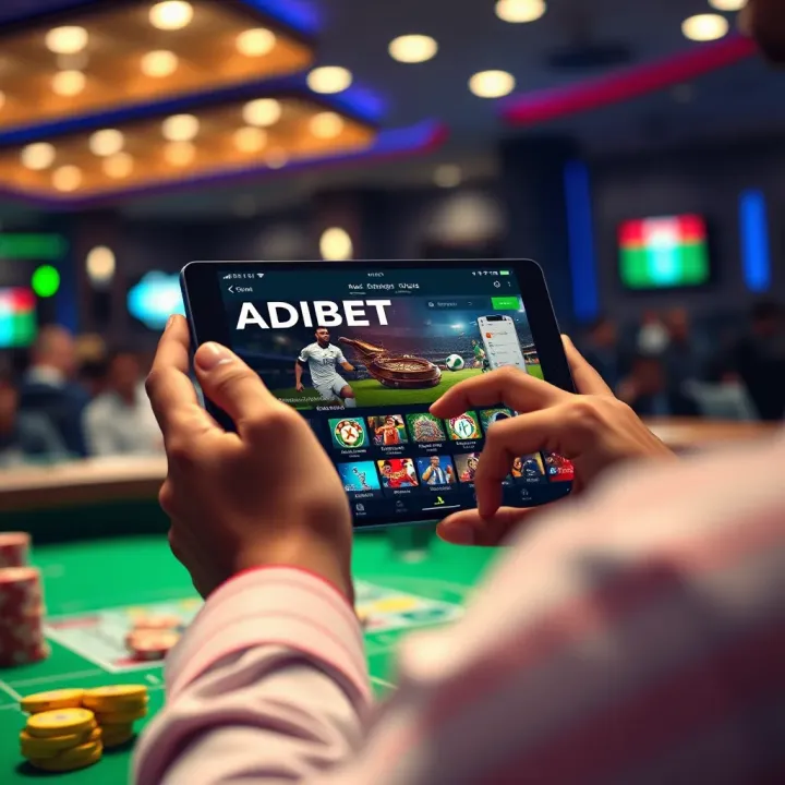 User navigating the Adibet app on a tablet with sports icons and Nigerian flag colors