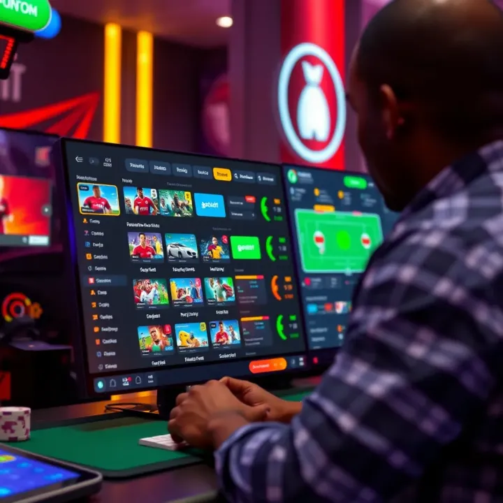 Digital interface displaying various online sports betting options with bright icons and statistics