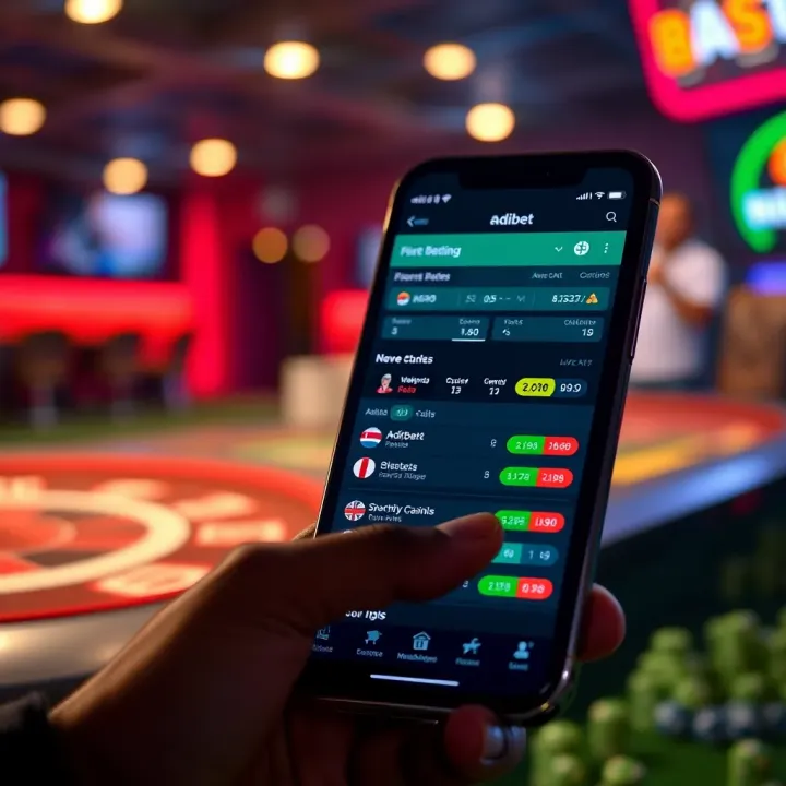 Mobile device displaying the Adibet app interface with sports betting options and live scores