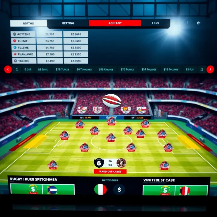 Detailed rugby field layout with betting odds displayed on a digital interface
