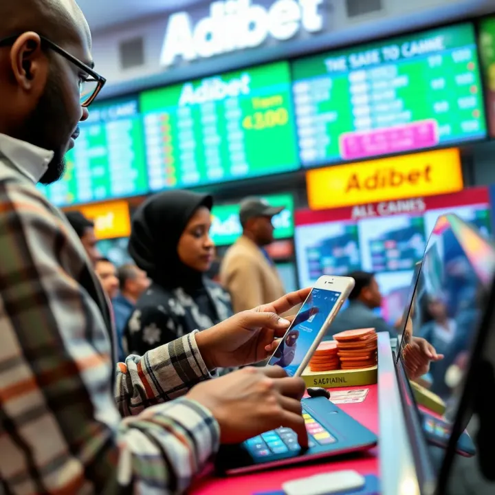Customer making a secure transaction using a digital device at an Adibet outlet