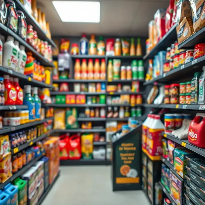 Display shelves inside Adibet Shop Two filled with a diverse selection of everyday products and local goods