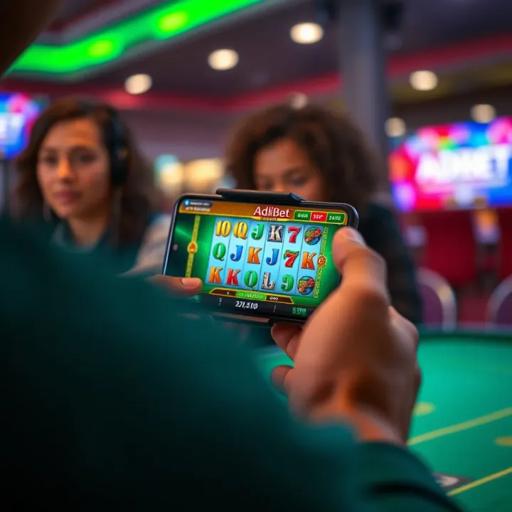 Mobile phone displaying Adibet slots game with Nigerian currency icons and secure payment symbols