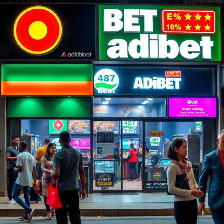 A busy Nigerian betting shop exterior illustrating active customer engagement and signage