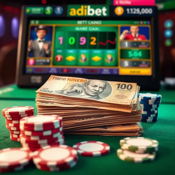 Graphic depicting a stack of Nigerian currency notes alongside betting chips and a digital game interface