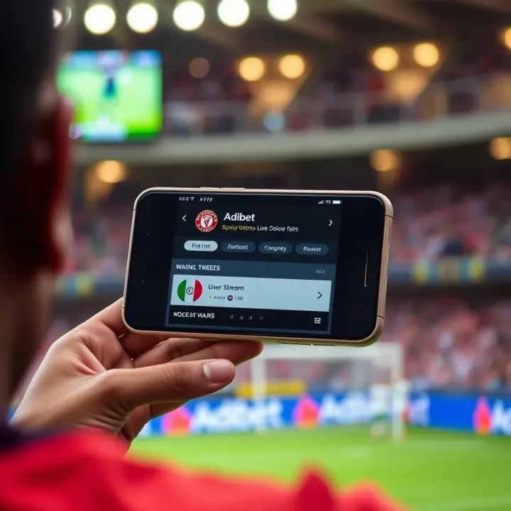 Smartphone displaying Soccer Adibet live stream interface with betting options