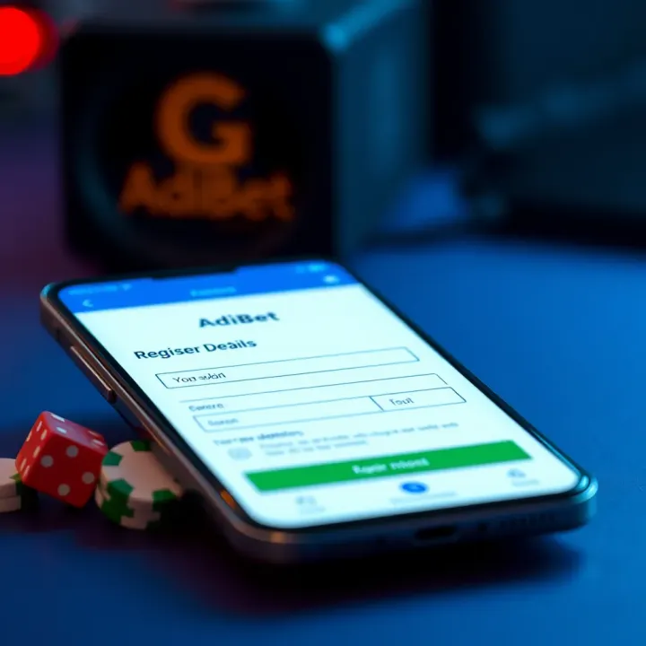 Smartphone displaying the AdiBet registration screen with form fields for user details