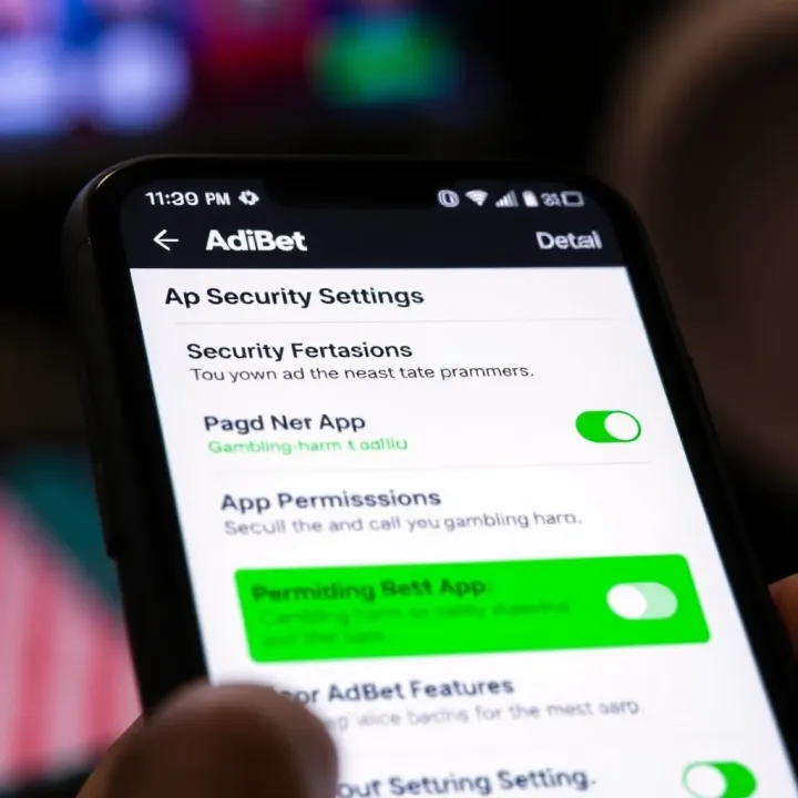Phone screen showing security features and app permissions for AdiBet application