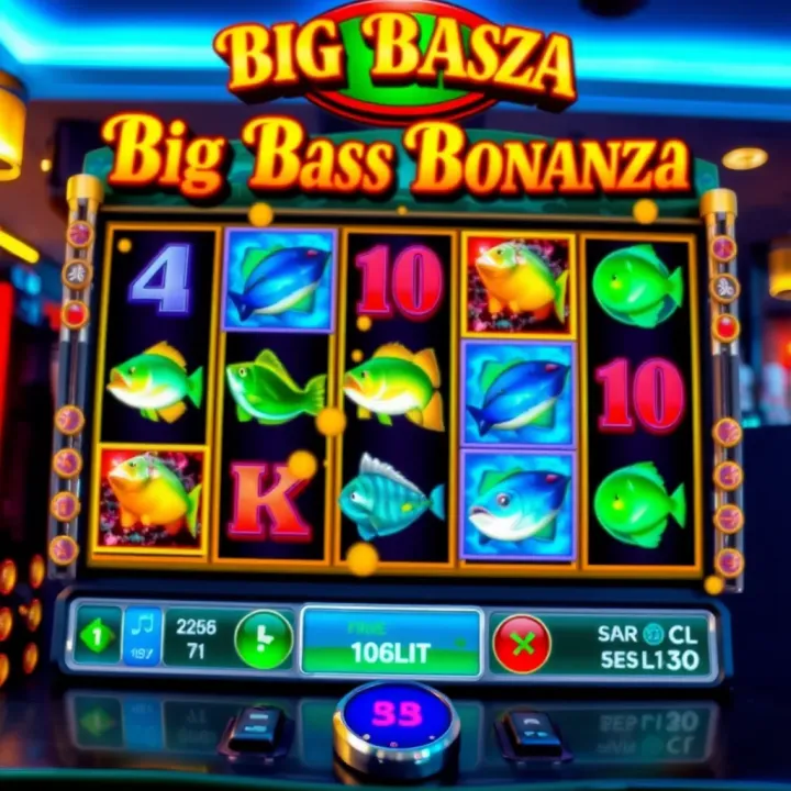 Illustration showing a vibrant fishing-themed slot game screen with symbols of colorful fish and fishing gear