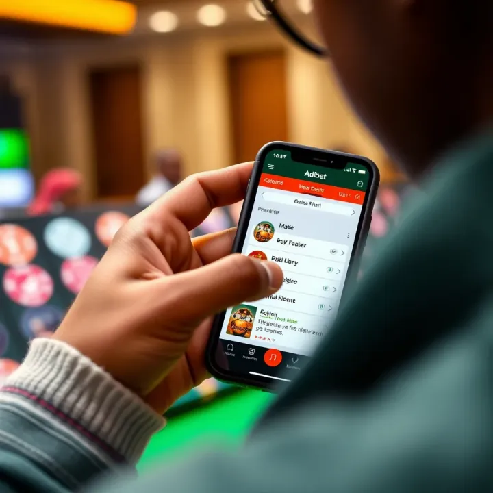 User navigating the Adibet UG app interface on a smartphone, showing key features and options