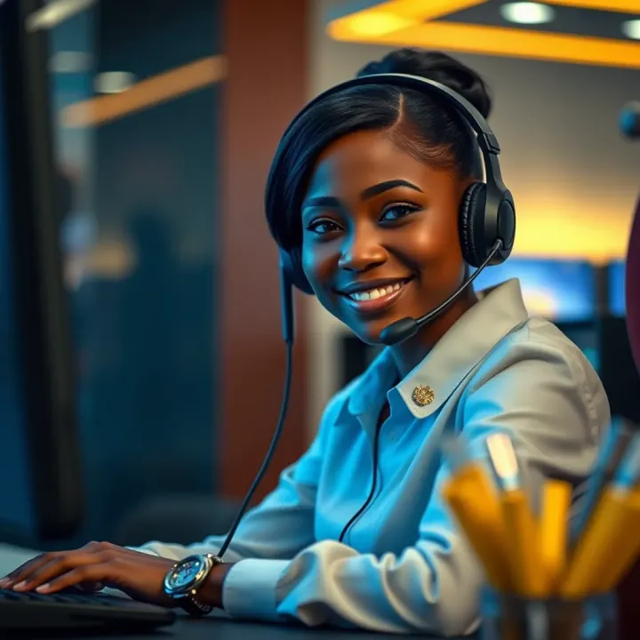Customer service representative answering a call with a headset