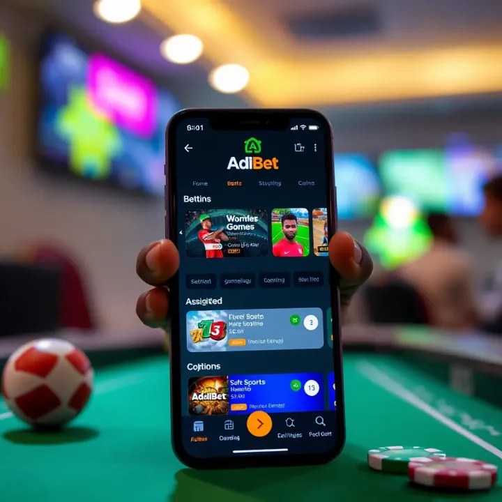 Mobile phone displaying AdiBet app interface with sports betting options
