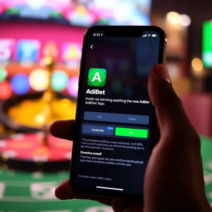 Mobile phone screen showing AdiBet app installation permissions and download progress