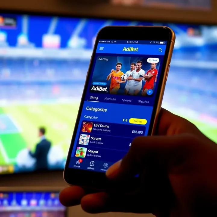 Smartphone displaying the AdiBet app main screen with betting options and sports categories