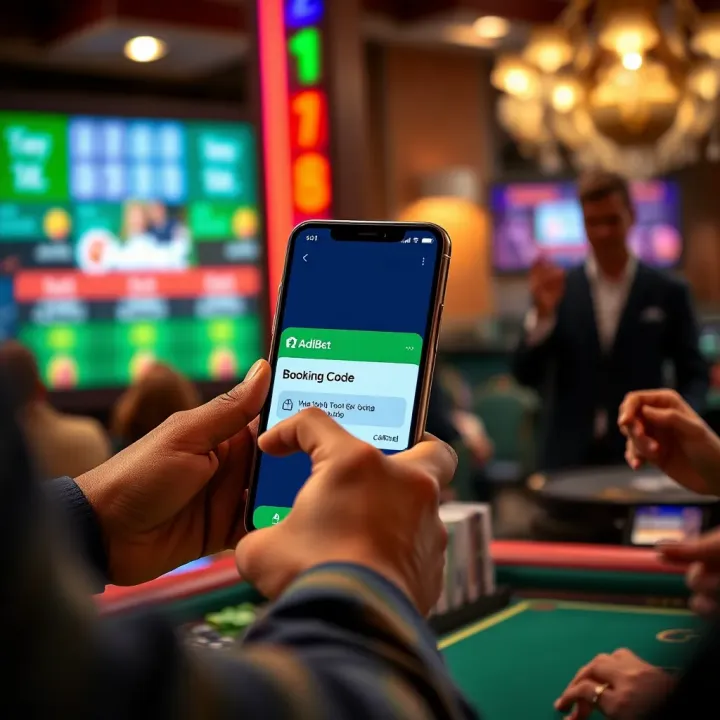 Confirming a Booking Code on the AdiBet Platform User navigating through the AdiBet app confirming a loaded booking code for betting