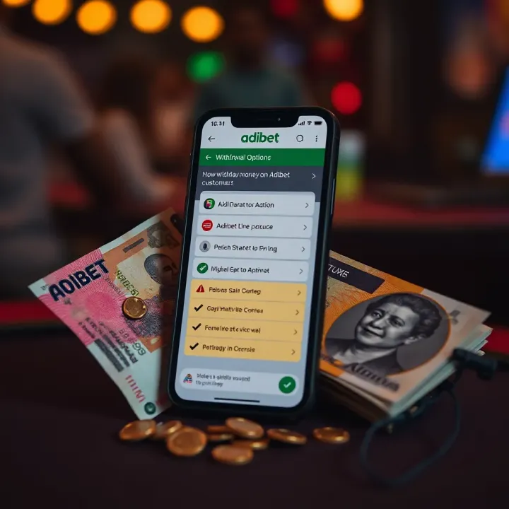Nigerian currency notes next to mobile phone displaying Adibet withdrawal options