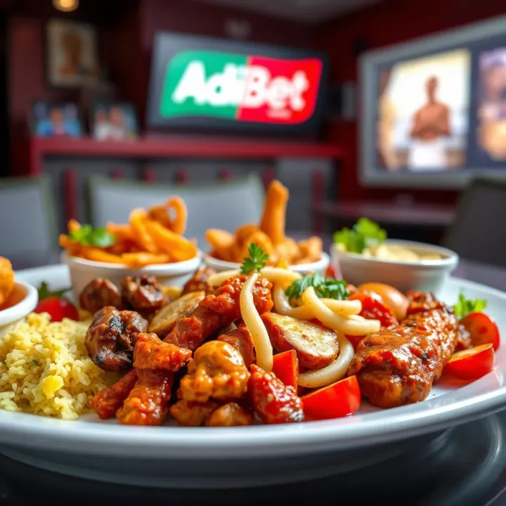 Colorful spread of traditional Nigerian dishes including jollof rice and assorted grilled meats
