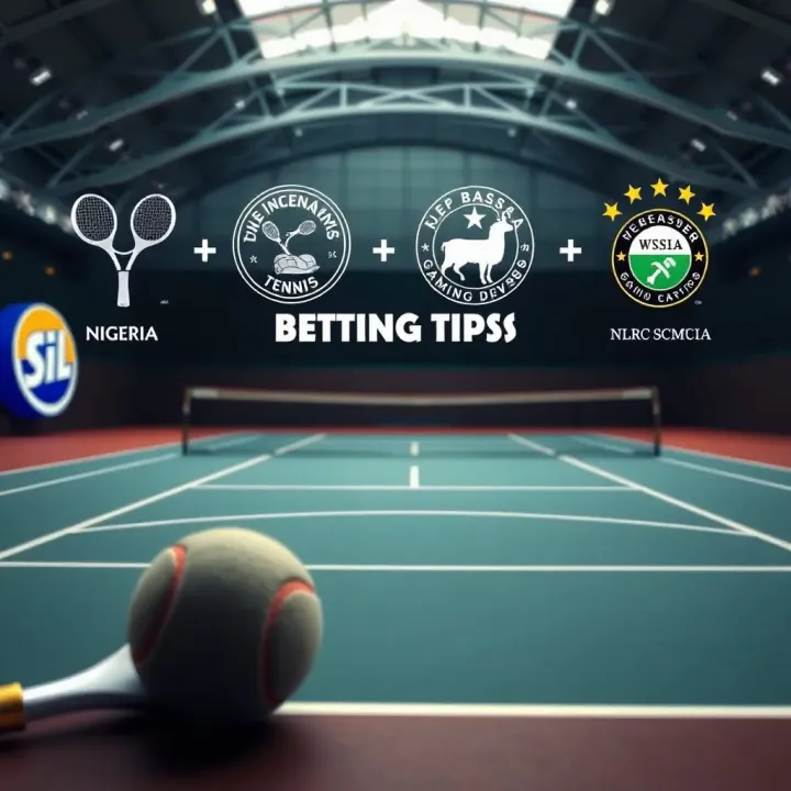 Tennis court with tournament logos and betting tips overlay