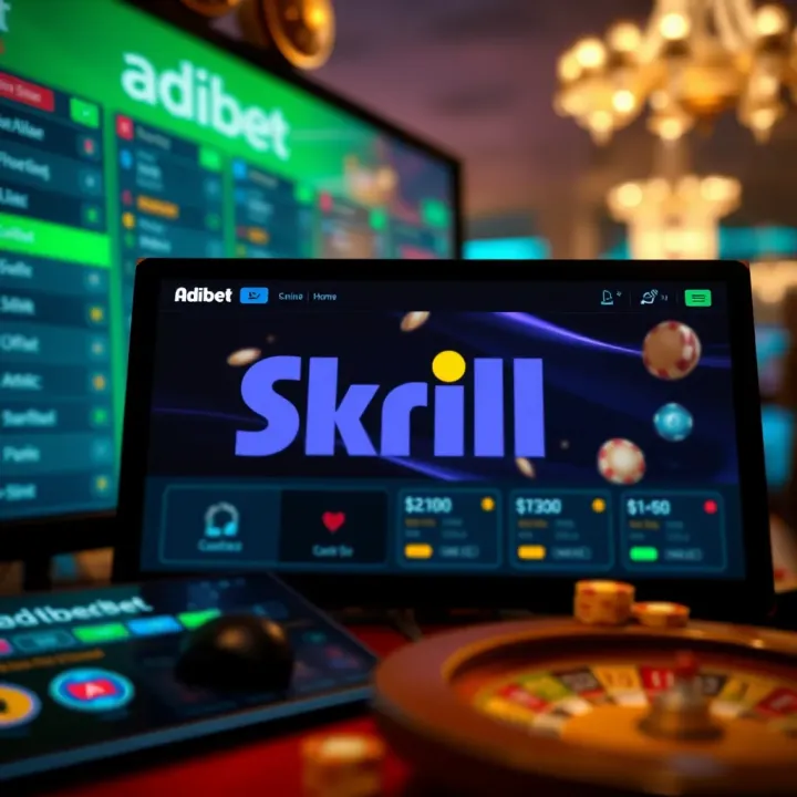 Illustration showing Adibet platform interface with Skrill payment option visible