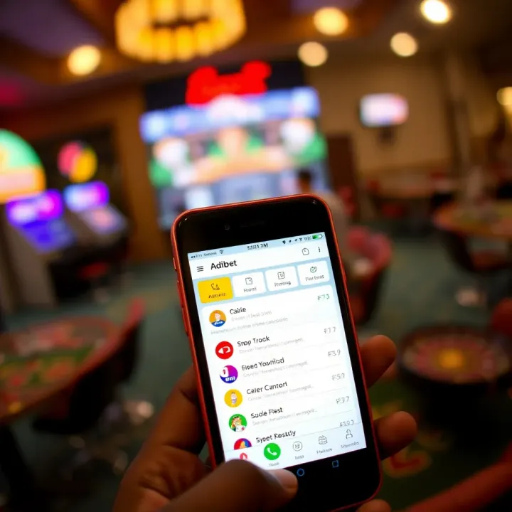 Mobile phone screen displaying Adibet Mlite application interface with simple navigation on an older device