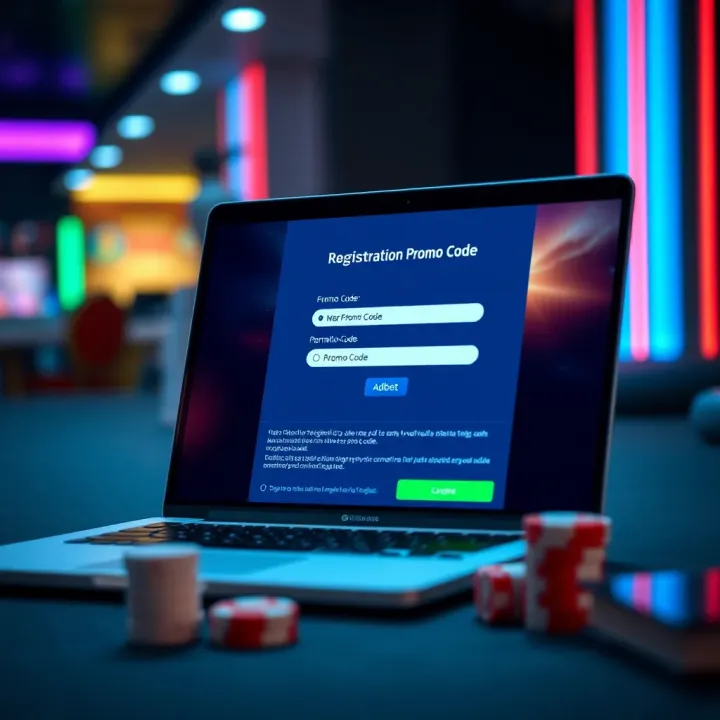 Illustration of a digital registration form on a laptop with a focus on entering promotional code fields