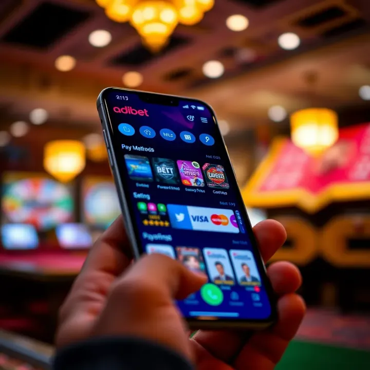 Mobile device showing Adibet application with payment and betting features