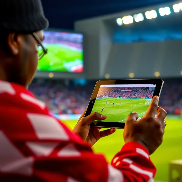 Nigerian football fan watching live soccer match on tablet