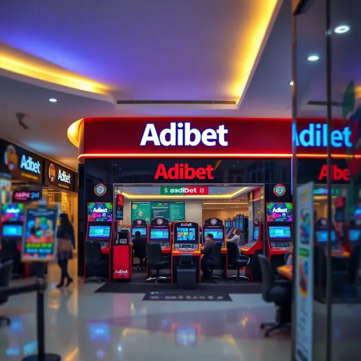 Interior of a modern Adibet outlet inside a bustling Abuja mall with betting terminals and signage
