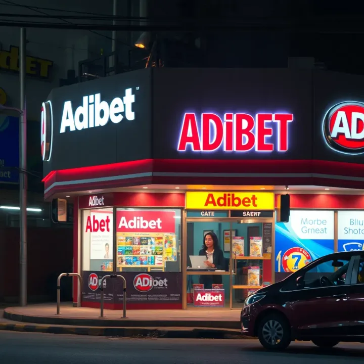 Adibet Shop Location Along Lagos Main Street Exterior view of a well-lit Adibet shop situated along a busy Lagos street under evening light